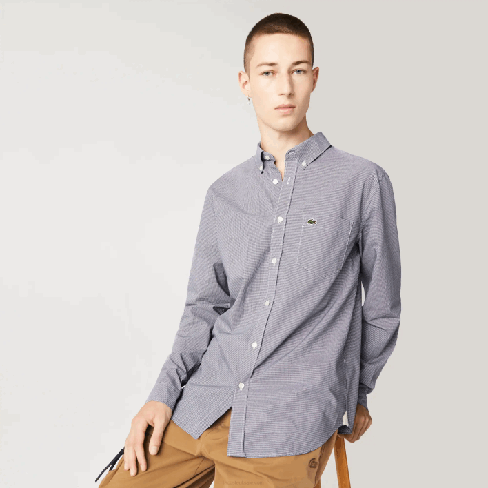 Lacoste Regular Fit Cotton Poplin Shirt 646T1485 White Navy Blue 522 Men