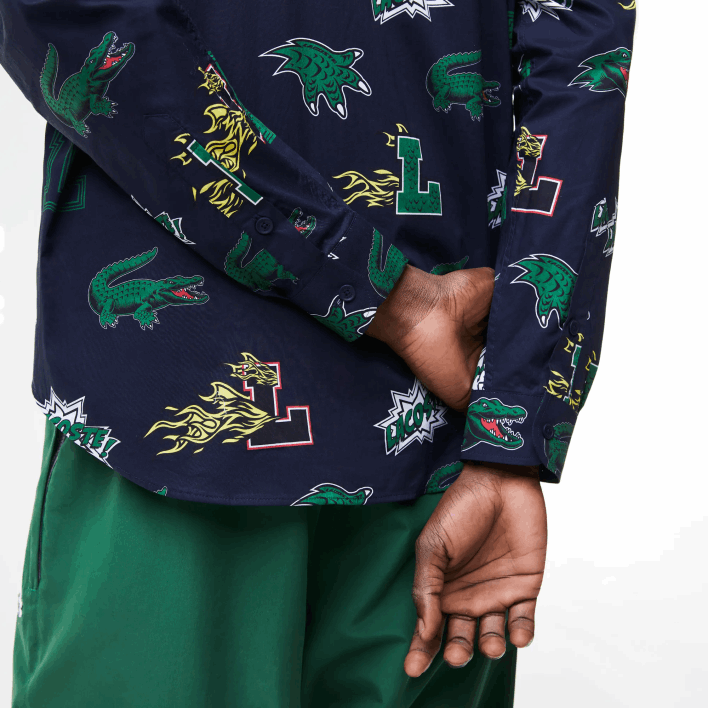 Lacoste Regular Fit Crocodile Print Shirt 646T1575 Navy Blue White QRN Men