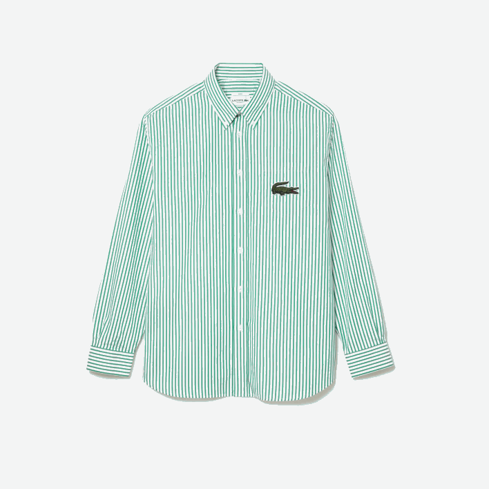 Lacoste Relaxed Fit Large Crocodile Cotton Shirt 646T411 White Green 737 Men