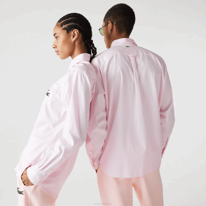 Lacoste Relaxed Fit Large Crocodile Cotton Shirt 646T412 White Light Pink 7FD Men