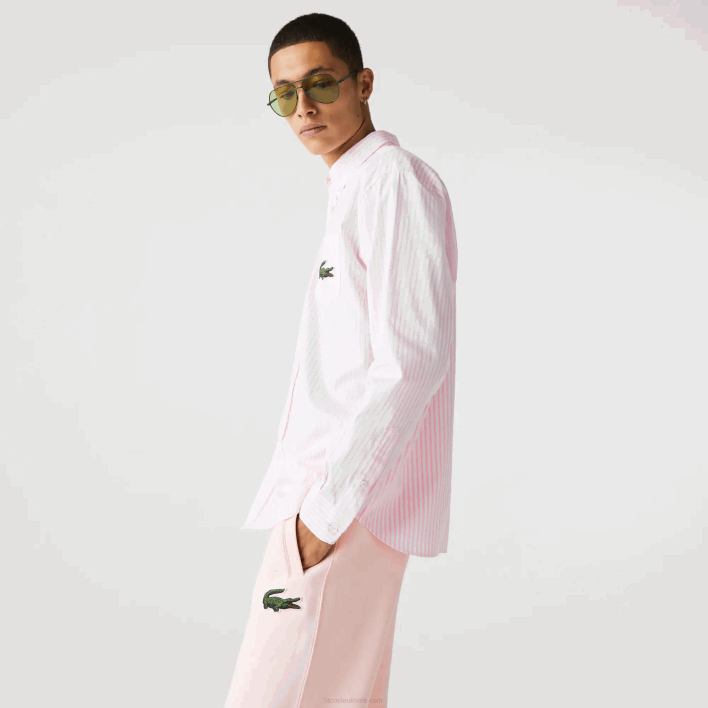 Lacoste Relaxed Fit Large Crocodile Cotton Shirt 646T412 White Light Pink 7FD Men