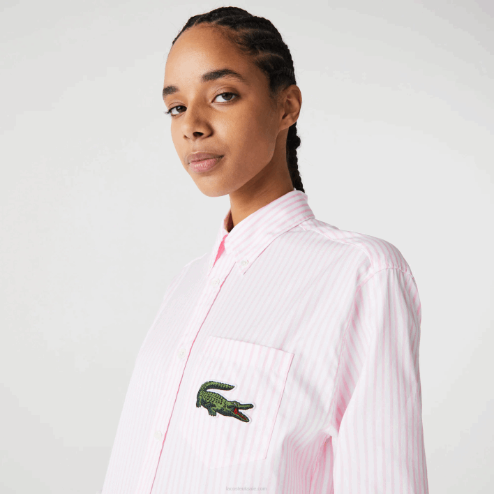 Lacoste Relaxed Fit Large Crocodile Cotton Shirt 646T412 White Light Pink 7FD Men
