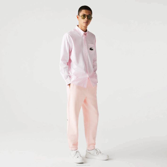 Lacoste Relaxed Fit Large Crocodile Cotton Shirt 646T412 White Light Pink 7FD Men