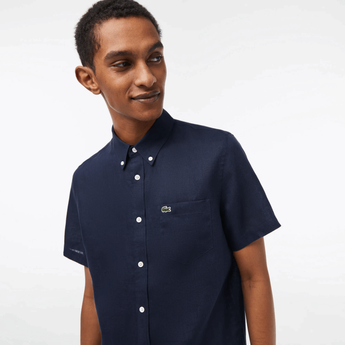 Lacoste Short Sleeve Linen Shirt 646T491 Navy Blue 166 Men