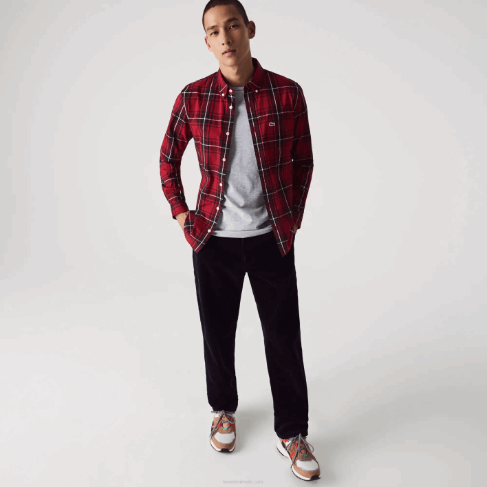 Lacoste Slim Fit Checkered Stretch Cotton Poplin Shirt 646T1612 Bordeaux Black White LLU Men