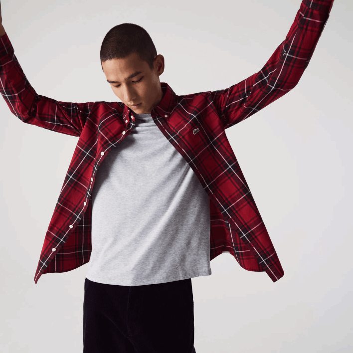 Lacoste Slim Fit Checkered Stretch Cotton Poplin Shirt 646T1612 Bordeaux Black White LLU Men