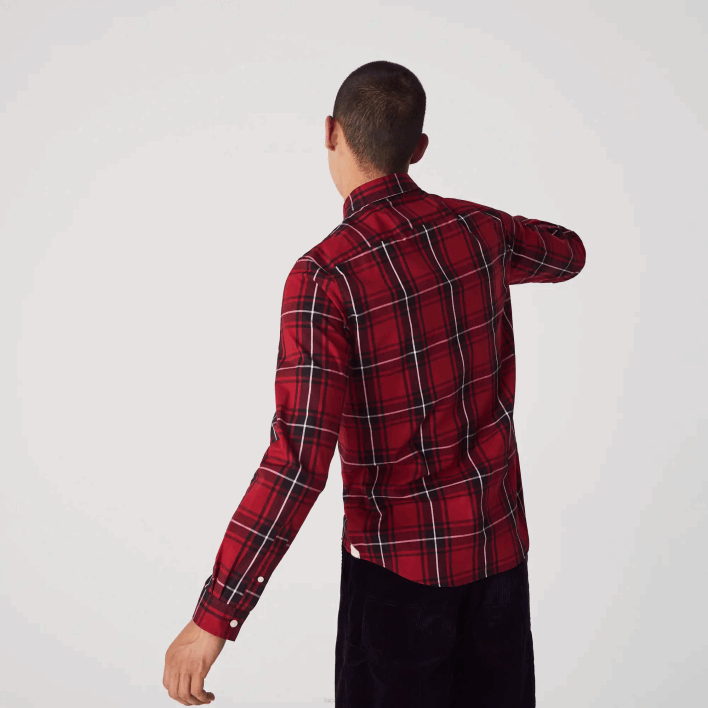 Lacoste Slim Fit Checkered Stretch Cotton Poplin Shirt 646T1612 Bordeaux Black White LLU Men