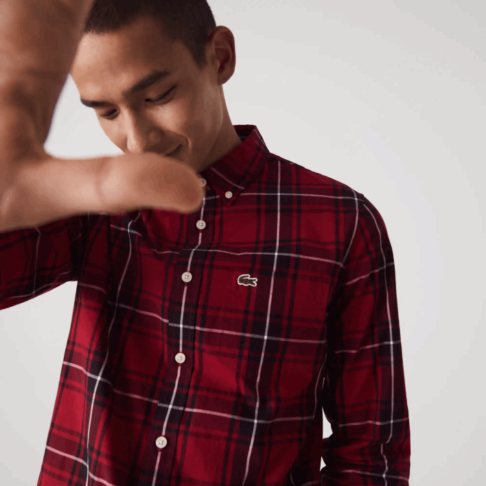 Lacoste Slim Fit Checkered Stretch Cotton Poplin Shirt 646T1612 Bordeaux Black White LLU Men