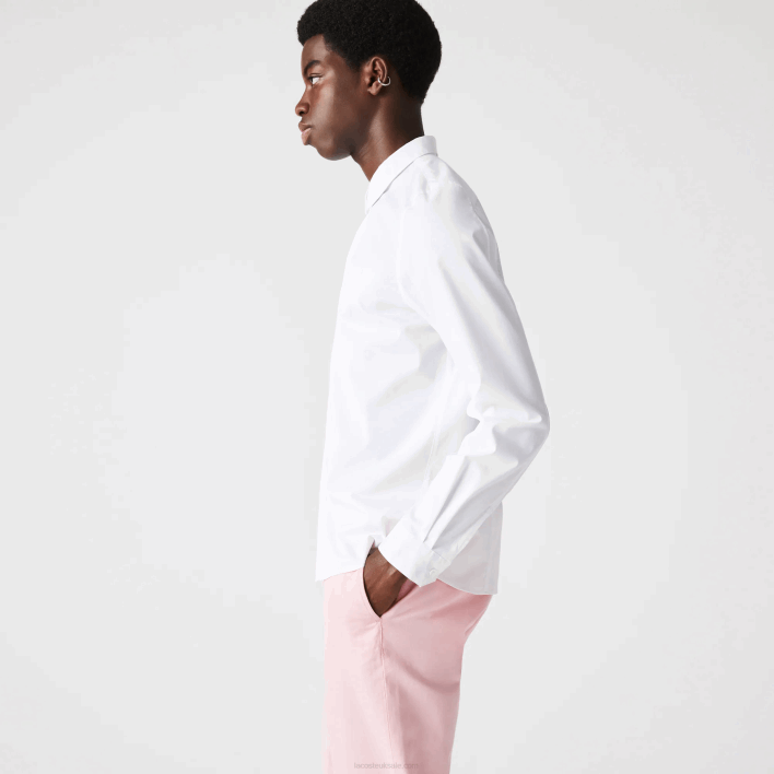 Lacoste Slim Fit Concealed Placket Stretch Cotton Poplin Shirt 646T1648 White 001 Men