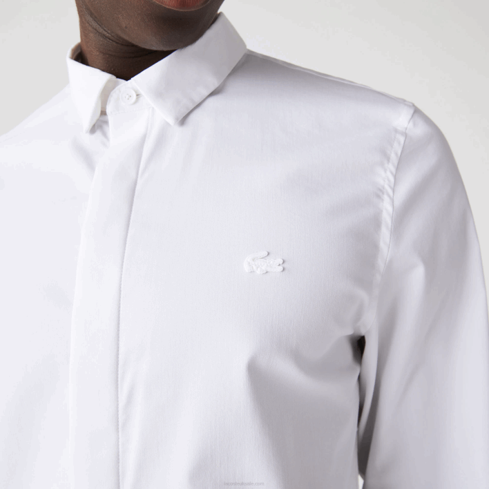 Lacoste Slim Fit Concealed Placket Stretch Cotton Poplin Shirt 646T1648 White 001 Men