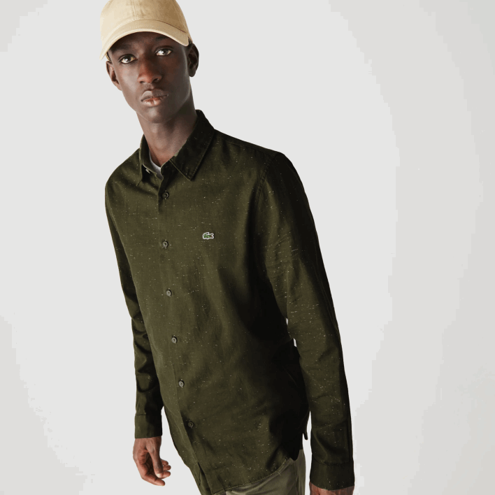 Lacoste Slim Fit Flamed Cotton Shirt 646T1645 Khaki Green White N8E Men
