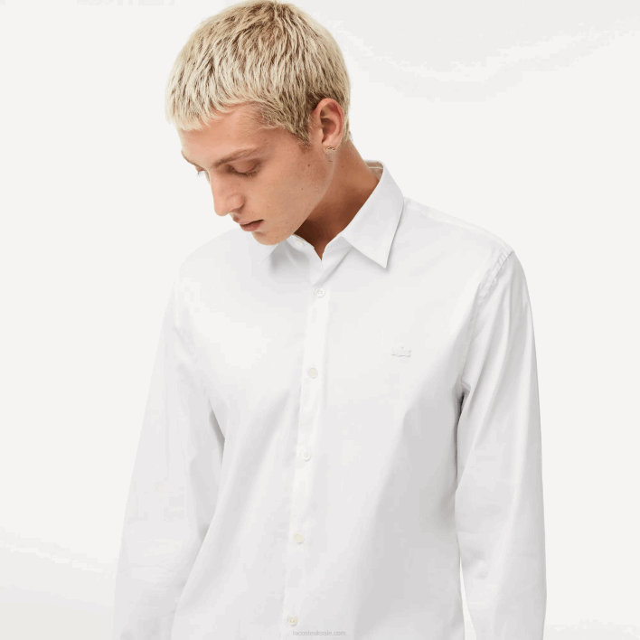 Lacoste Slim Fit French Collar Cotton Poplin Shirt 646T1438 White 001 Men