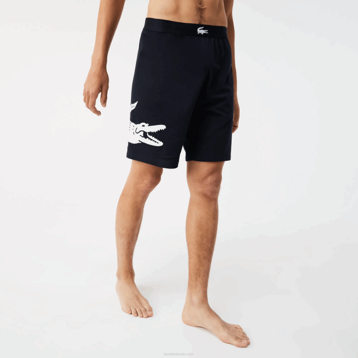 Lacoste Crocodile Print And Branded Stretch Cotton Indoor Shorts 646T1454 Navy Blue White 525 Men