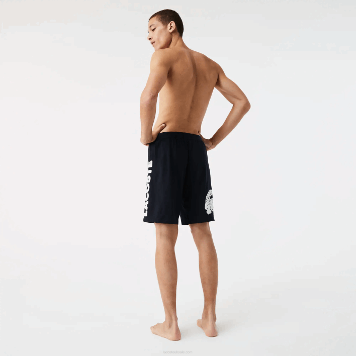Lacoste Crocodile Print And Branded Stretch Cotton Indoor Shorts 646T1454 Navy Blue White 525 Men