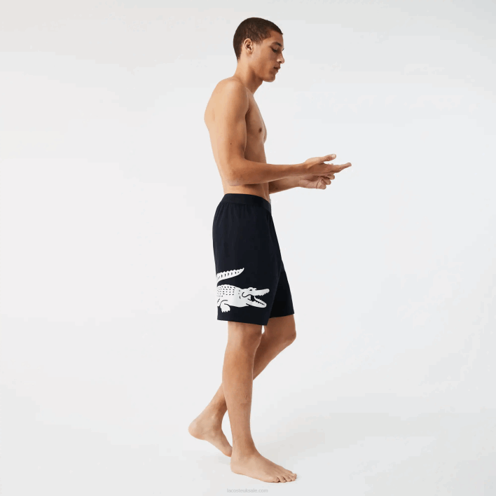 Lacoste Crocodile Print And Branded Stretch Cotton Indoor Shorts 646T1454 Navy Blue White 525 Men