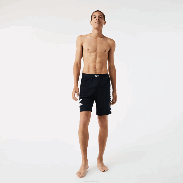 Lacoste Crocodile Print And Branded Stretch Cotton Indoor Shorts 646T1454 Navy Blue White 525 Men