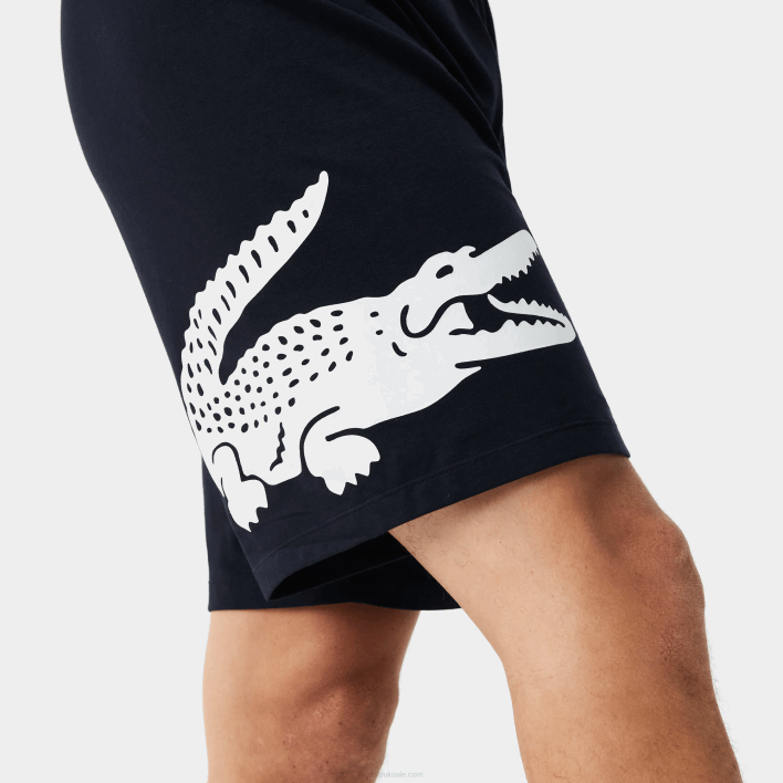 Lacoste Crocodile Print And Branded Stretch Cotton Indoor Shorts 646T1454 Navy Blue White 525 Men