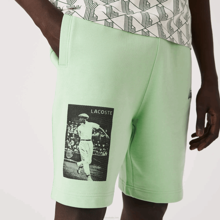 Lacoste LIVE Heritage Print Cotton Fleece Shorts 646T1585 Green HEE Men