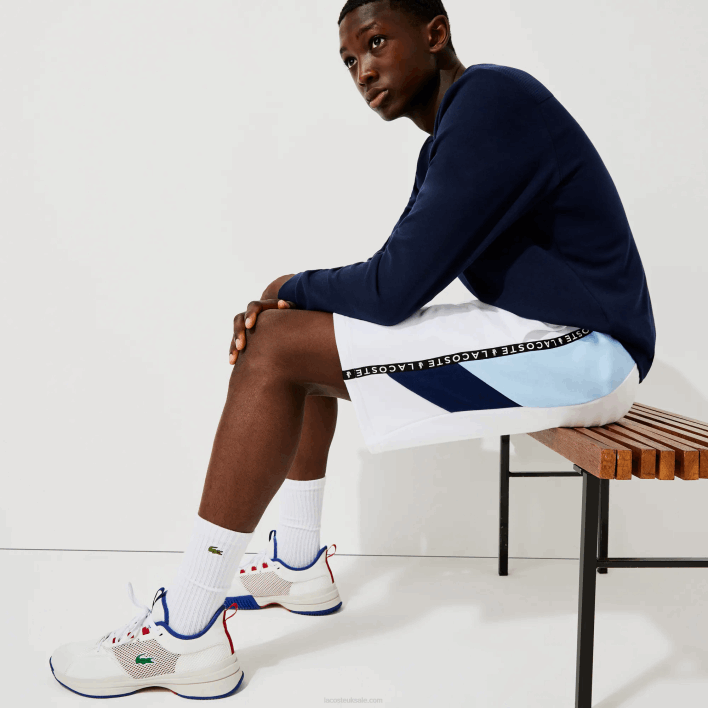 Lacoste Lettered Bands Fleece Bermuda Shorts 646T1602 White Blue VL3 Men