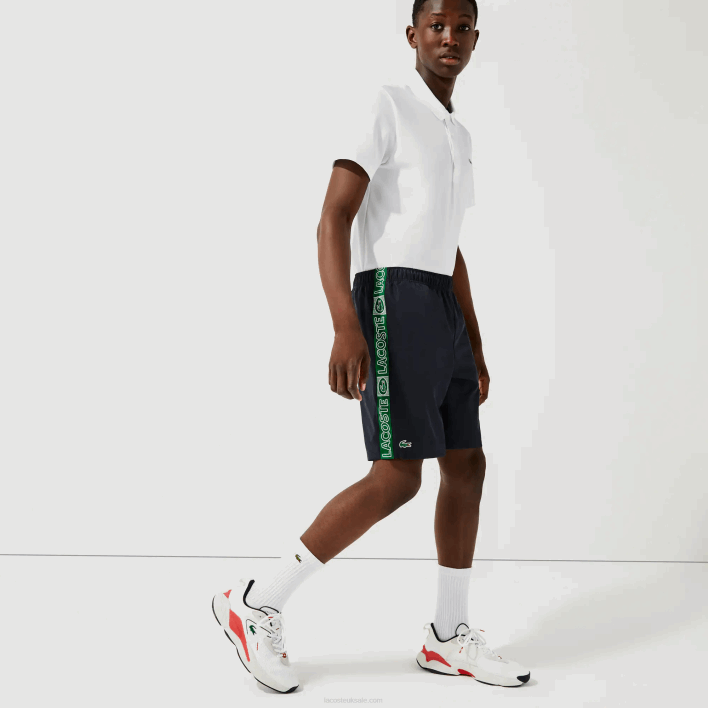 Lacoste SPORT Branded Side Bands Shorts 646T1506 Navy Blue Green MR0 Men