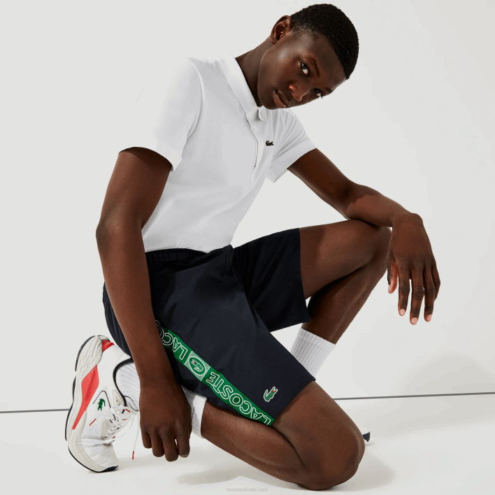 Lacoste SPORT Branded Side Bands Shorts 646T1506 Navy Blue Green MR0 Men