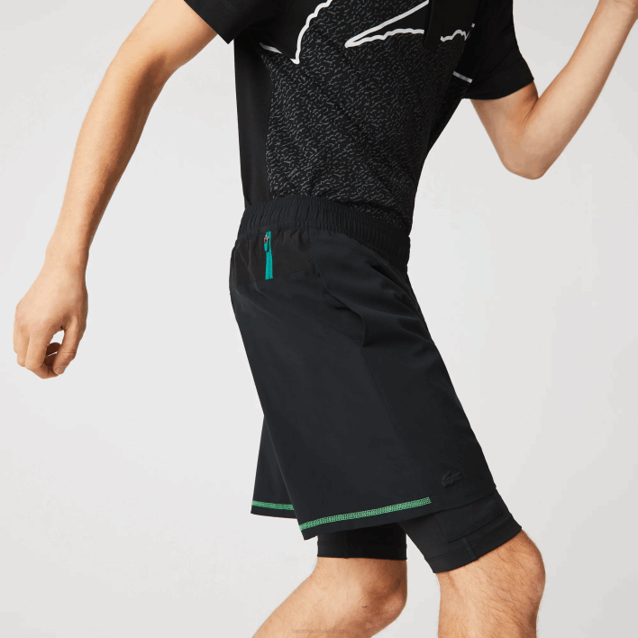 Lacoste SPORT Layered Shorts 646T1545 Black Green White 9AZ Men