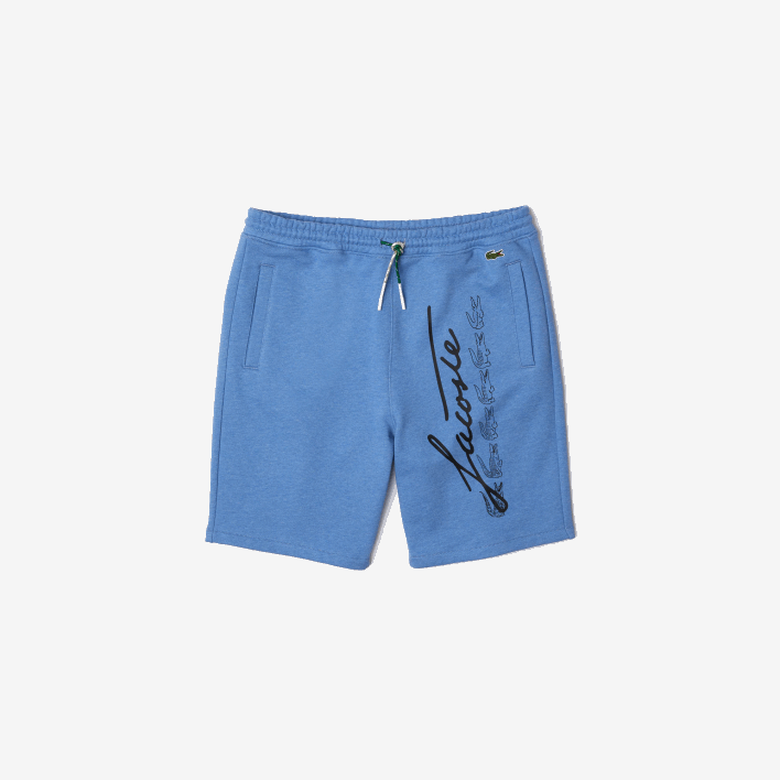 Lacoste Signature Print Cotton Fleece Shorts 646T1435 Blue Chine HG3 Men