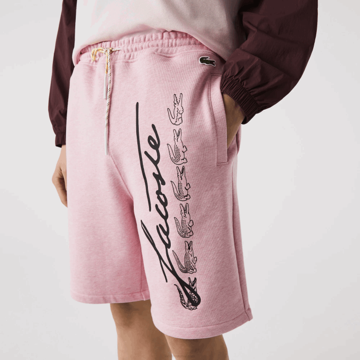 Lacoste Signature Print Cotton Fleece Shorts 646T1436 Pink HCQ Men