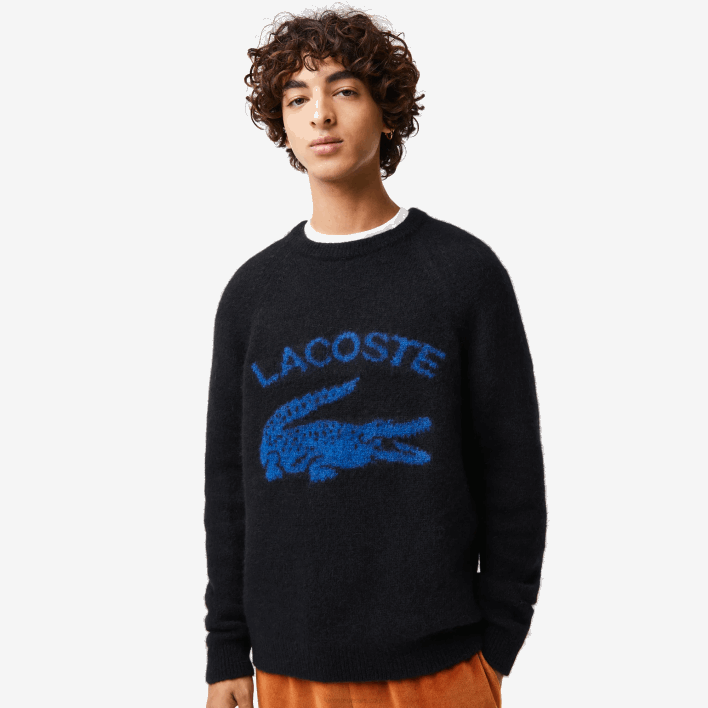Lacoste Branded Contrast Crocodile Blend Alpaca Sweater 646T1464 Black Blue 985 Men