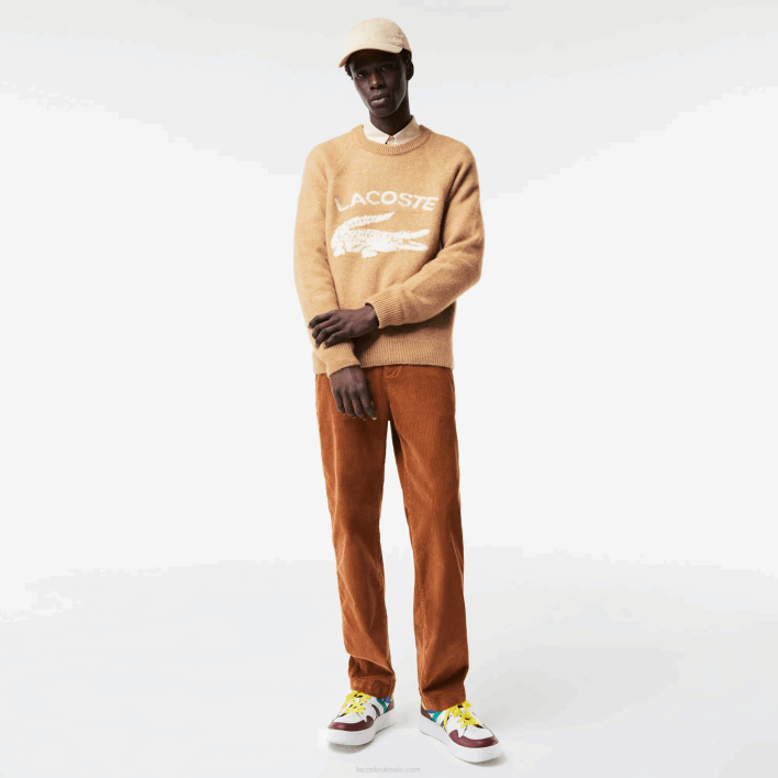 Lacoste Branded Contrast Crocodile Blend Alpaca Sweater 646T1465 Beige White FP9 Men