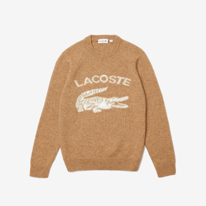 Lacoste Branded Contrast Crocodile Blend Alpaca Sweater 646T1465 Beige White FP9 Men