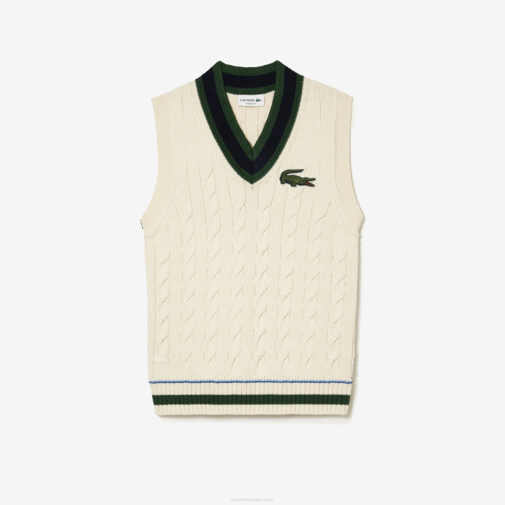 Lacoste Cable Knit Sweater Vest in Organic Cotton 646T504 White R1T Men