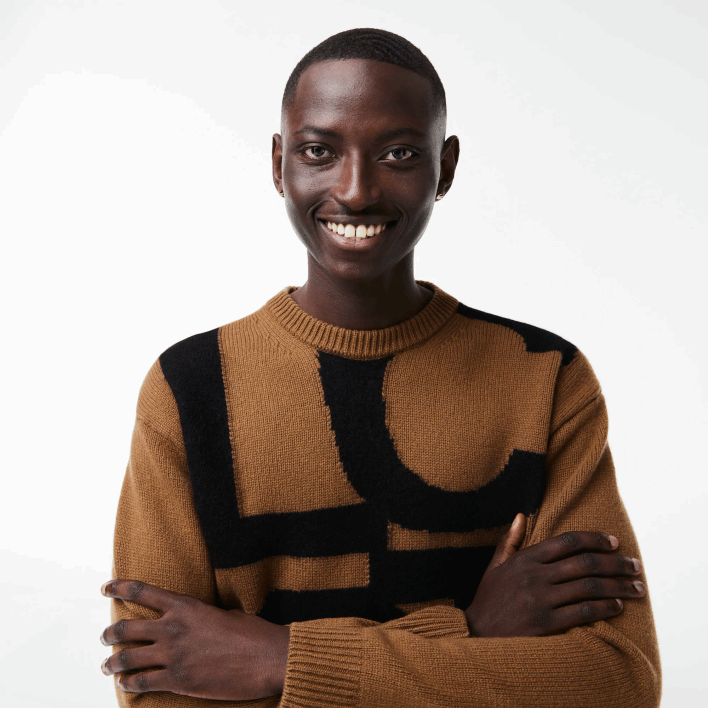 Lacoste Classic Fit Contrast Lettering Wool Sweater 646T1448 Brown Black XP9 Men