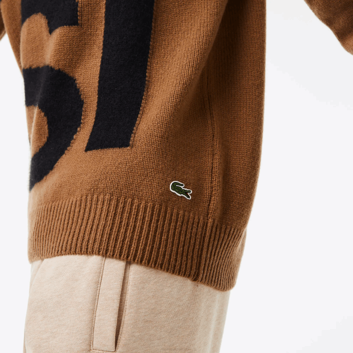 Lacoste Classic Fit Contrast Lettering Wool Sweater 646T1448 Brown Black XP9 Men