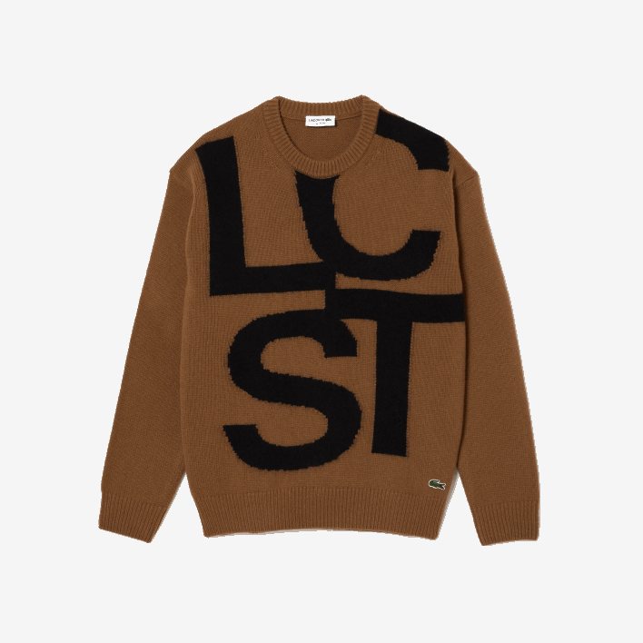 Lacoste Classic Fit Contrast Lettering Wool Sweater 646T1448 Brown Black XP9 Men