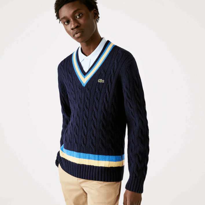 Lacoste Classic Fit Contrast Striped Wool Sweater 646T1517 Navy Blue Yellow Blue 7KZ Men
