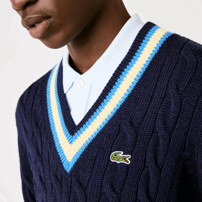 Lacoste Classic Fit Contrast Striped Wool Sweater 646T1517 Navy Blue Yellow Blue 7KZ Men