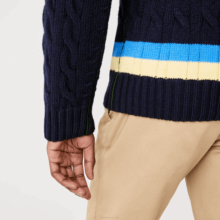 Lacoste Classic Fit Contrast Striped Wool Sweater 646T1517 Navy Blue Yellow Blue 7KZ Men