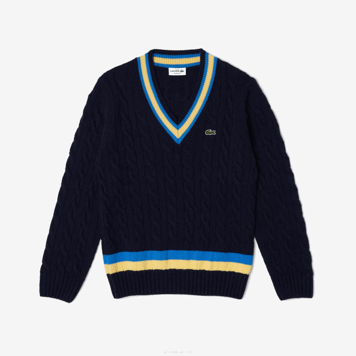Lacoste Classic Fit Contrast Striped Wool Sweater 646T1517 Navy Blue Yellow Blue 7KZ Men