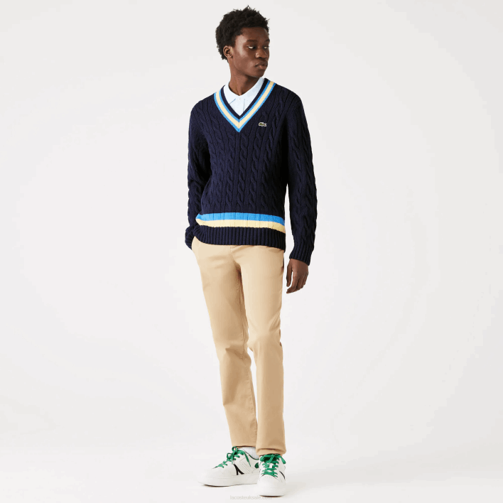 Lacoste Classic Fit Contrast Striped Wool Sweater 646T1517 Navy Blue Yellow Blue 7KZ Men