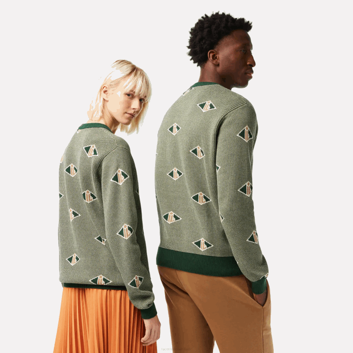 Lacoste Classic Fit Monogram Pattern Sweater 646T1504 Green Beige White LVT Men