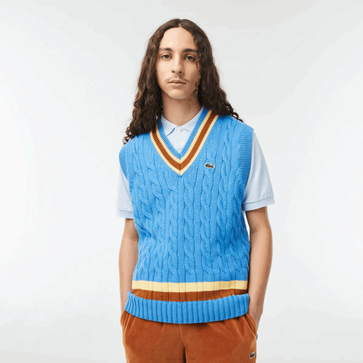 Lacoste Classic Fit Wool Sweater Vest 646T1470 Blue Brown Yellow 7MS Men