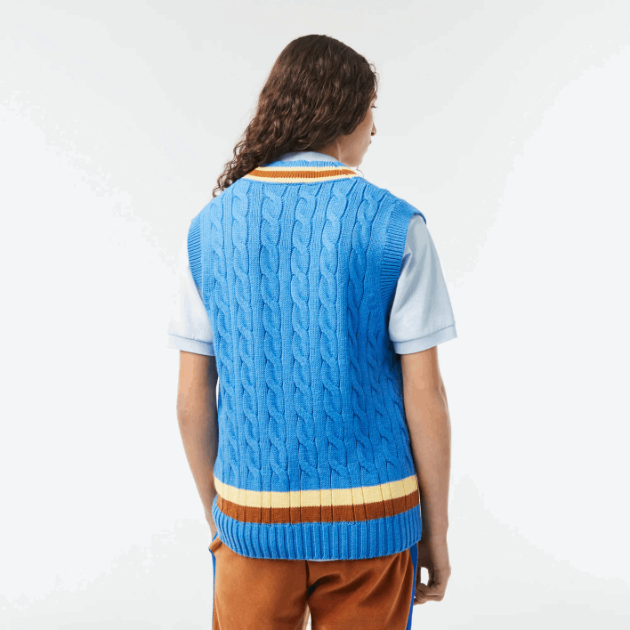 Lacoste Classic Fit Wool Sweater Vest 646T1470 Blue Brown Yellow 7MS Men