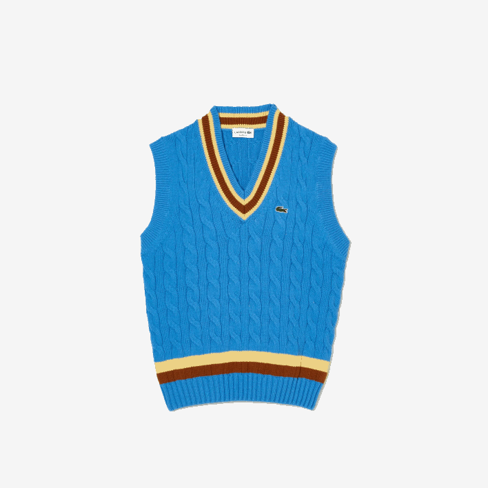 Lacoste Classic Fit Wool Sweater Vest 646T1470 Blue Brown Yellow 7MS Men