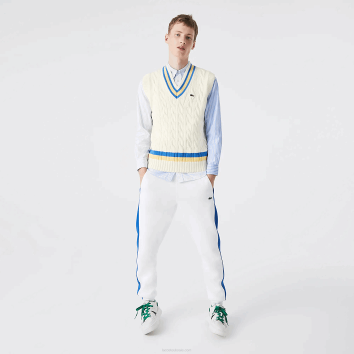 Lacoste Classic Fit Wool Sweater Vest 646T1471 White Yellow Blue 7MZ Men