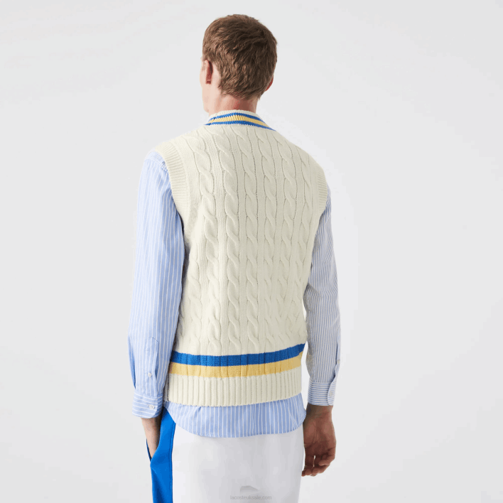 Lacoste Classic Fit Wool Sweater Vest 646T1471 White Yellow Blue 7MZ Men