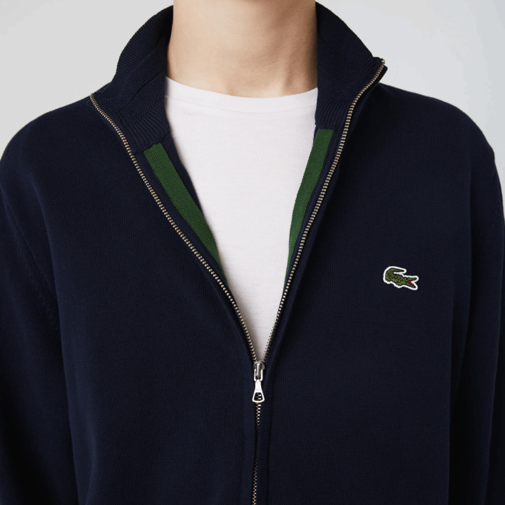Lacoste Stand-Up Collar Organic Cotton Zippered Sweater 646T461 Navy Blue 166 Men