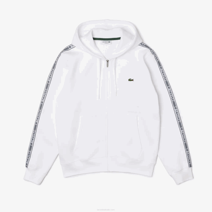 Lacoste Classic Fit Zipped Hoodie with Brand Stripes 646T12 White 001 Men