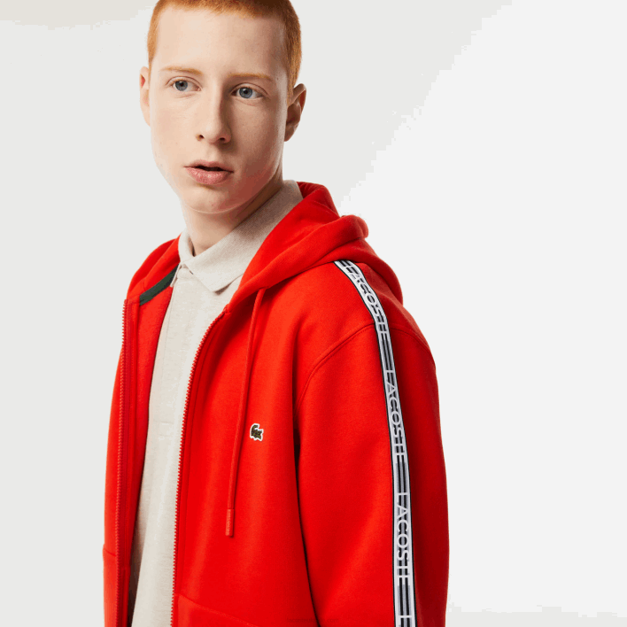 Lacoste Classic Fit Zipped Hoodie with Brand Stripes 646T15 Red S5H Men