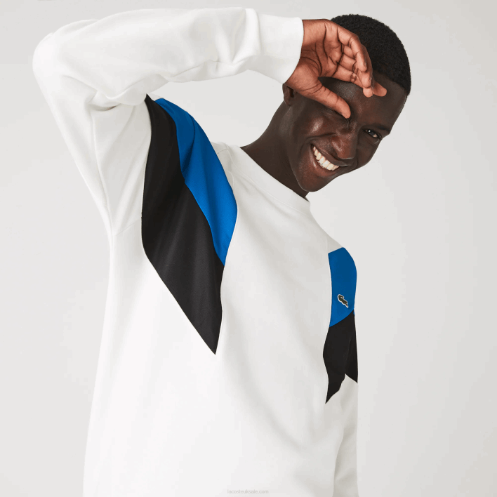Lacoste Crew Neck Colorblock Design Cotton Fleece Sweatshirt 646T1127 White Blue Black WZA Men